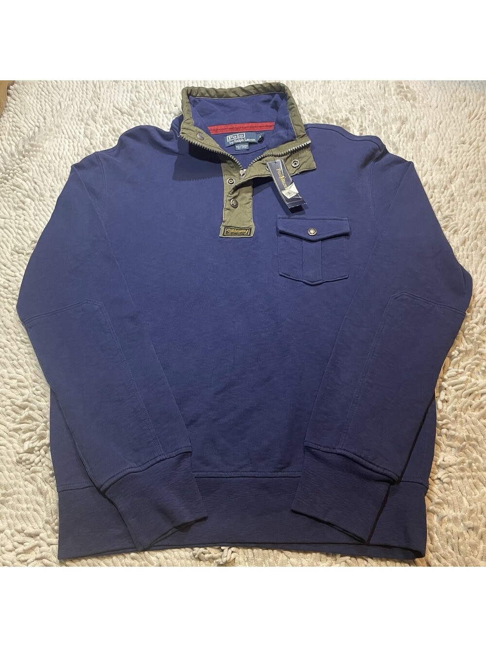 NWT RARE Polo Ralph Lauren Pullover Large Blue Quarter Zip Military Elbow Patch